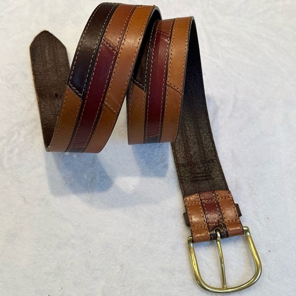 Linea Pelle Multi Brown Leather Patchwork Color Block Belt Gold Buckle Women L
